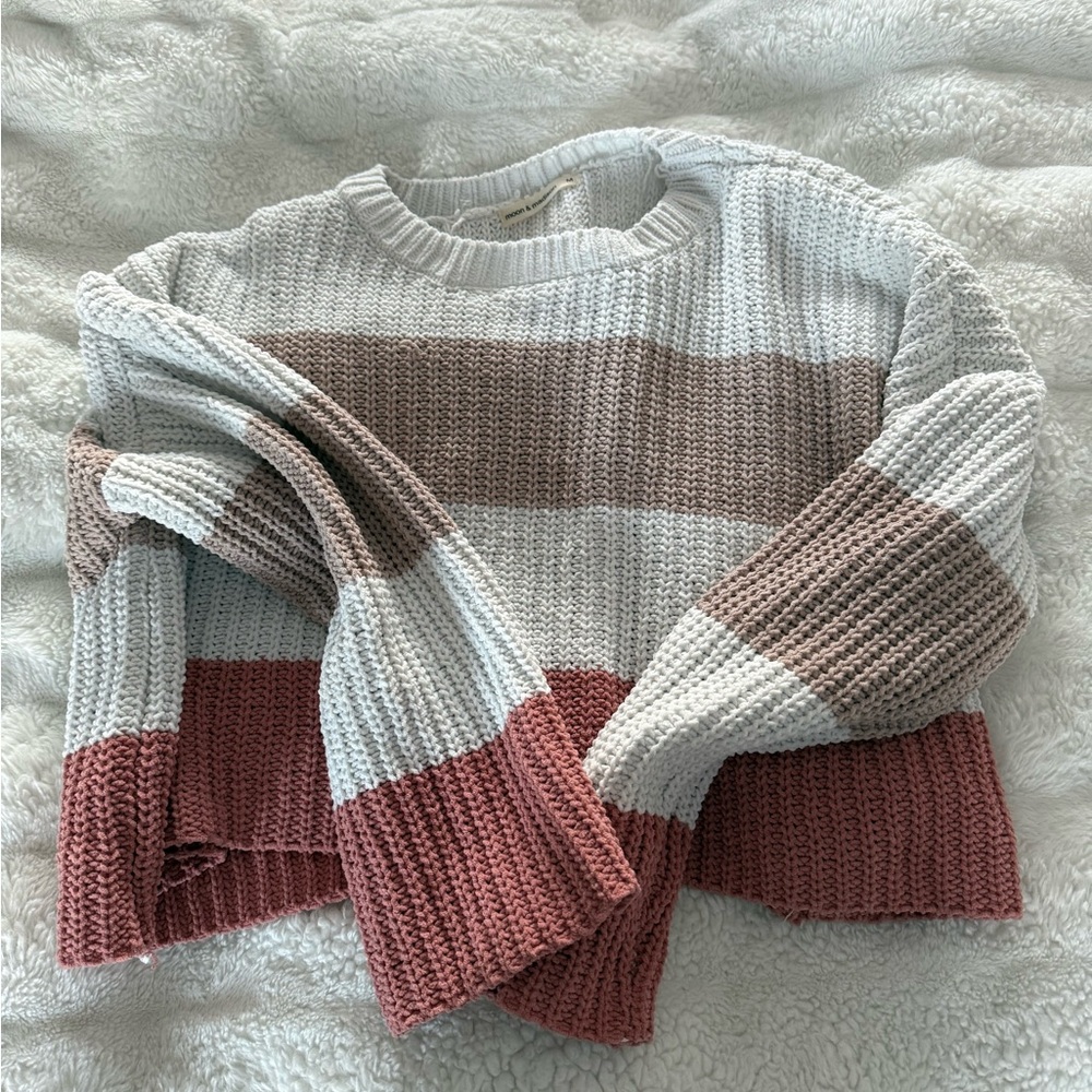 moon & madison Colorblock Sweater - Pink, White, and Brown